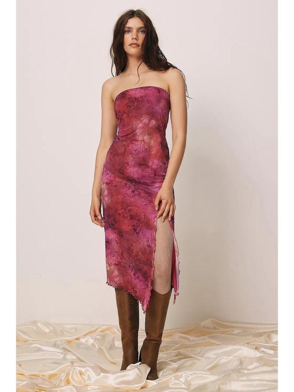 Urban Outfitters Strapless Midi Dress in Magenta and Burgundy Tie-Dye